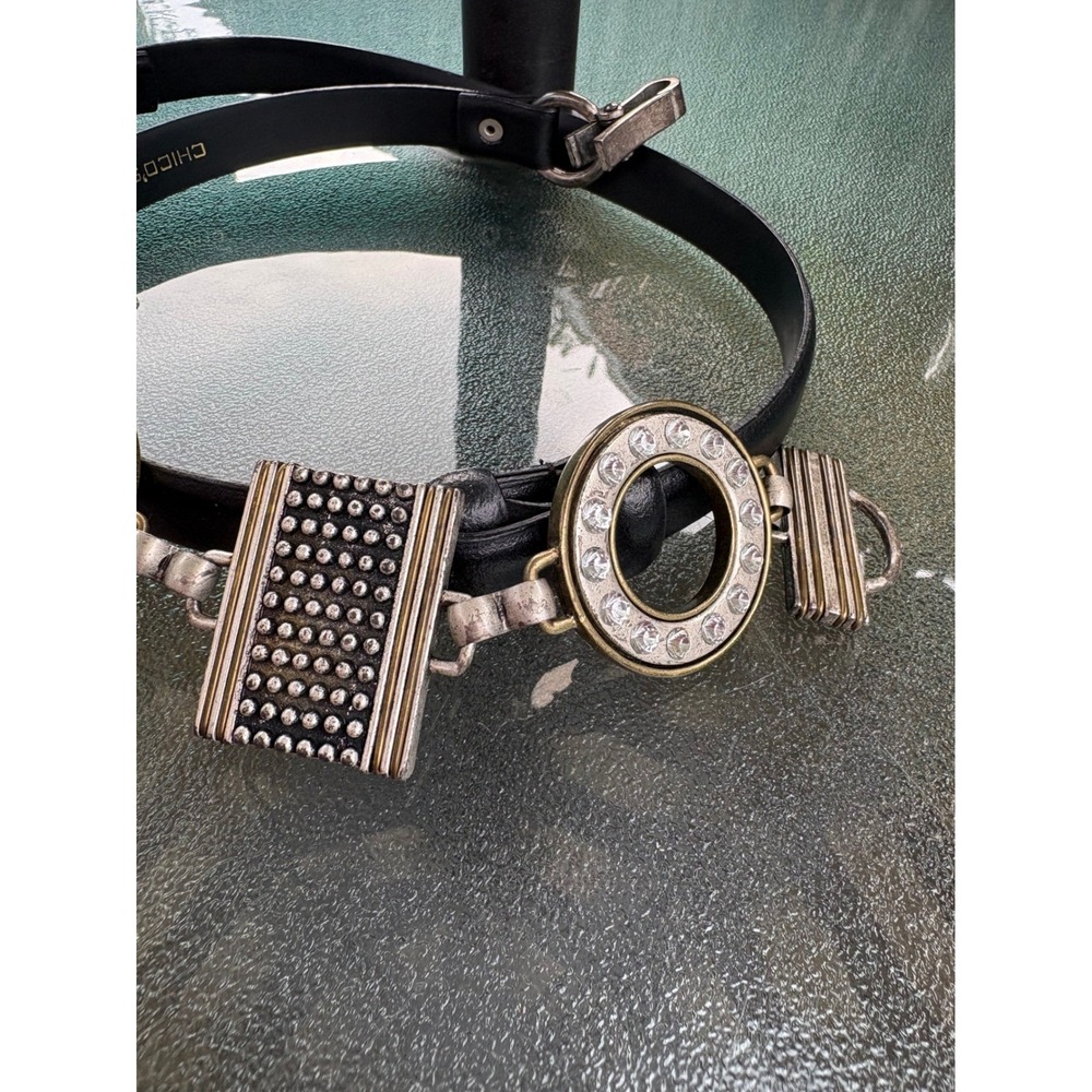 Chicos Womens Mixed Metal Crystal Embellished Leather Statement Belt Black ML - Picture 6 of 10